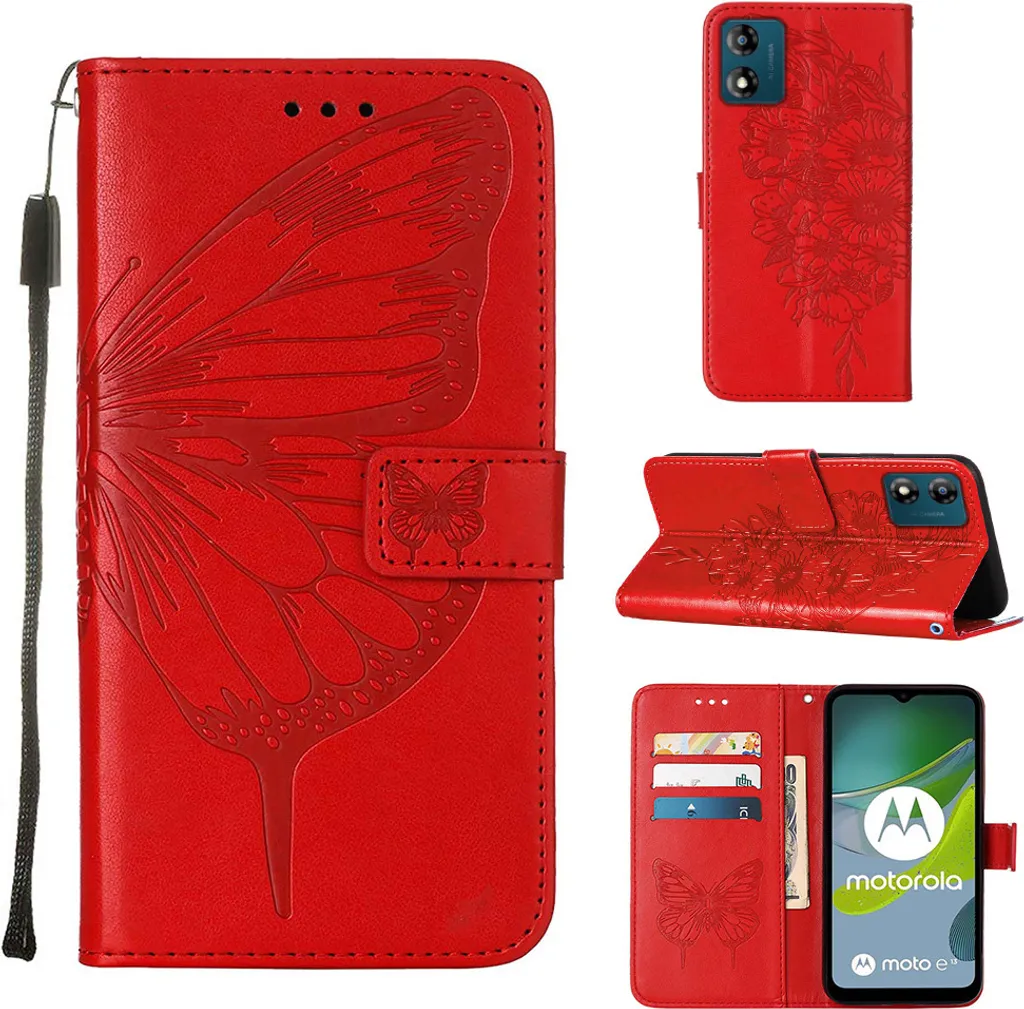 Migliore Custodia a Libro Motorola Moto E13 Rossa - Farfalla Relief
