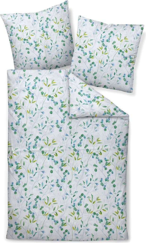 A bedding set with a floral pattern, including a duvet cover and two pillowcases, laid out flat.