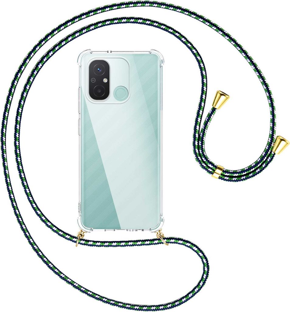 Handykette Backcover-Schutzhülle mit Band (Metall goldfarben) für Xiaomi Redmi 12C (6.71'') - grün/blau/weiß