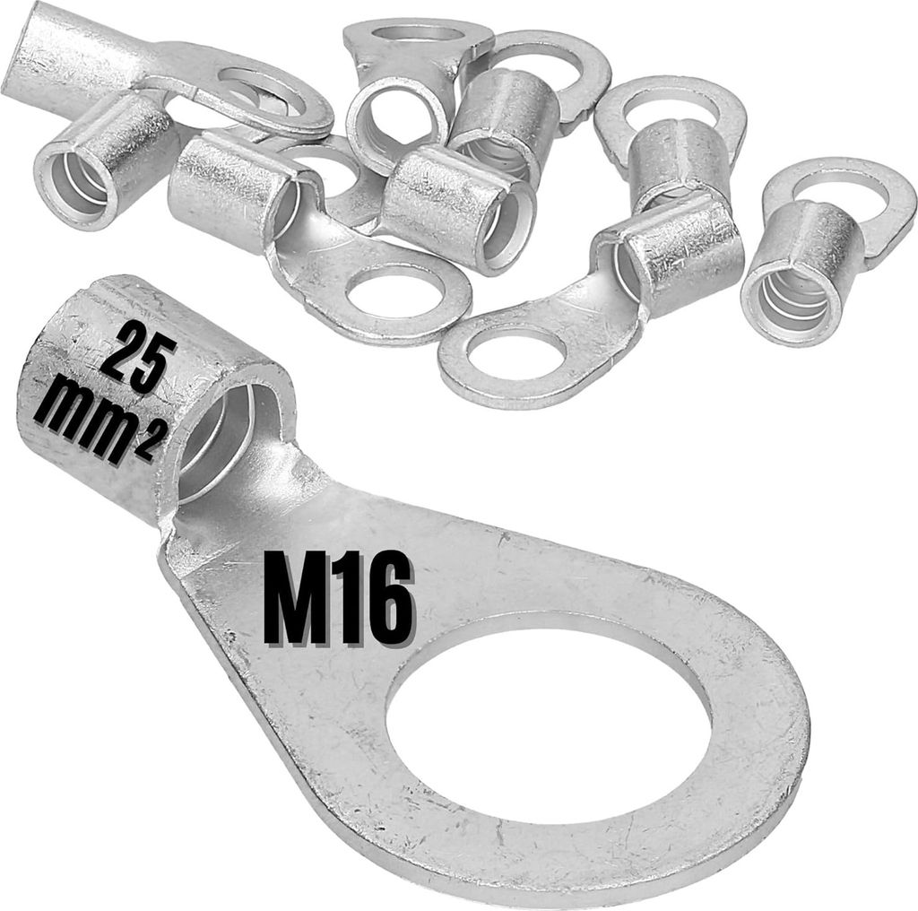 10 Stück Kalitec Q25-16 Quetschkabelschuh 25mm² M16 I Unisoliert I Dornpressung I Für mehr-, fein- und feinstdrähtige Leiter I Kabelschuh 25mm...