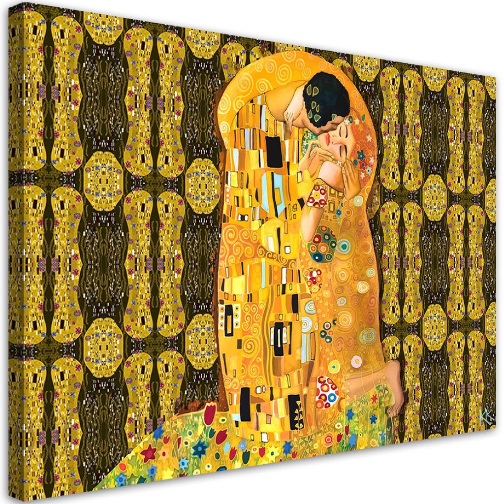 Leinwandbild G.Klimt Erfüllung Frau Abstrakt 90x60 Feeby Gelb bild für die wand bereit zum aufhängen