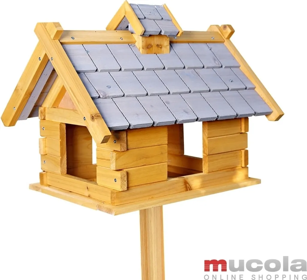 Mangeoire Oiseaux Design Villa en Bois Gris avec Toit de Protection
