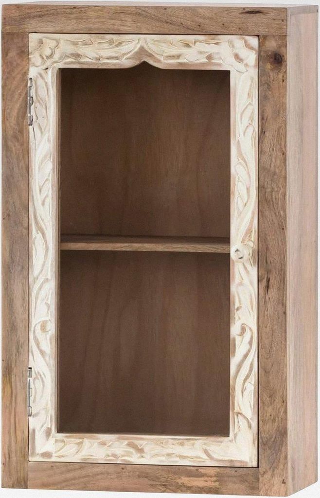 Bad Hängeschrank Delhi massiv Holz weiß rustikal Badmöbel Badezimmer Wandschrank Glasschrank mit Verzierungen