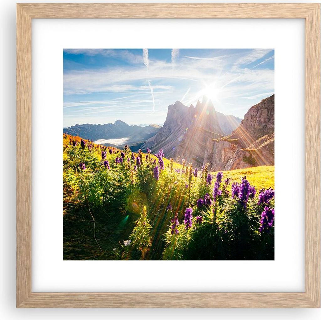 Gerahmtes Poster - Rahmen in heller Eiche - Berge Wiese Blumen - 30x30 cm - Wand Bild - Wanddeko - Wandbilder - Wandposter - Bilderrahmen - Bilder ...