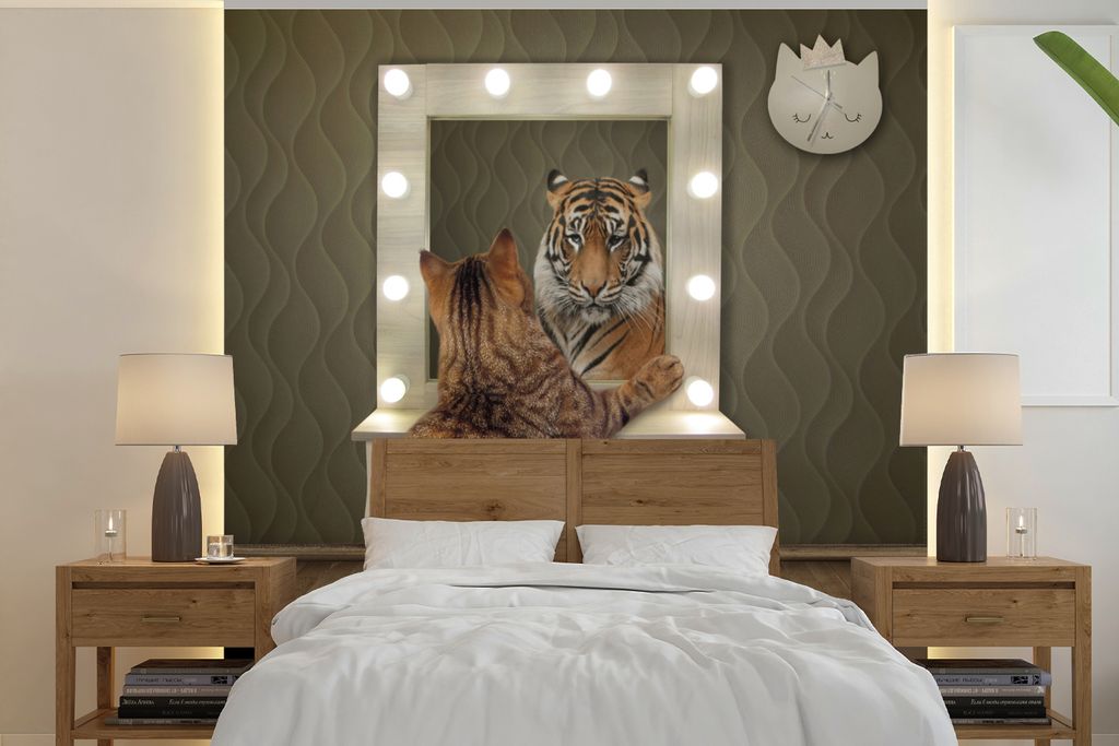 MuchoWow Fototapete für Wohnzimmer oder Schlafzimmer Wandtapete Vinyl Motivtapete Tiger - Spiegel - Katze - 220x220 cm - Tapeten
