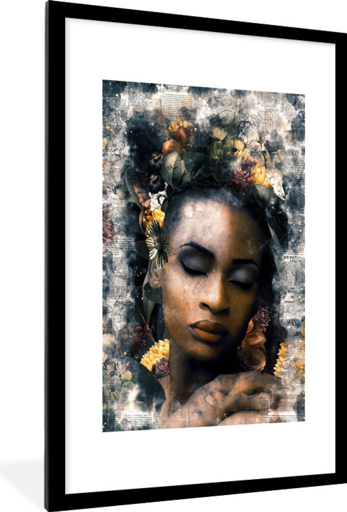 MuchoWow MuchoWow Gerahmtes Poster Frau - Rauch - Blumen 60x90 cm - Poster mit zchwarzem Bilderrahmen - Dekoration - Wandposter Wohnzimmer - Ho...