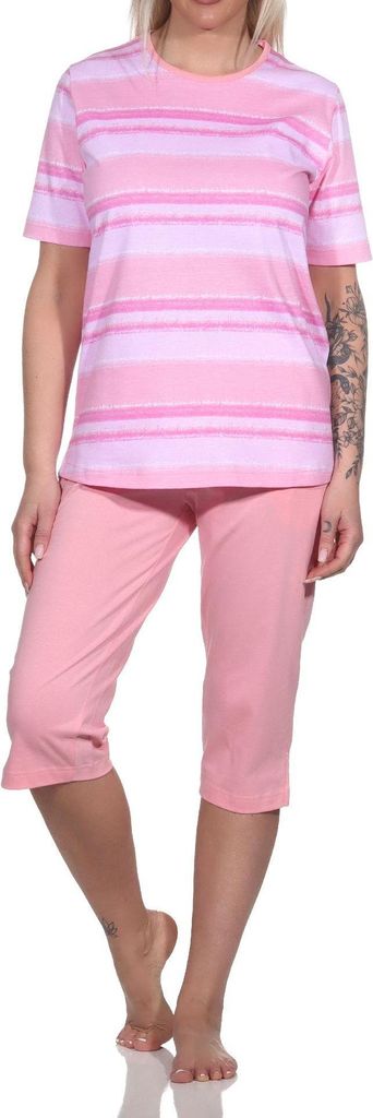 Normann Damen Capri Schlafanzug kurzarm Pyjama im farbenfrohen Streifen Look ; rosa , 40