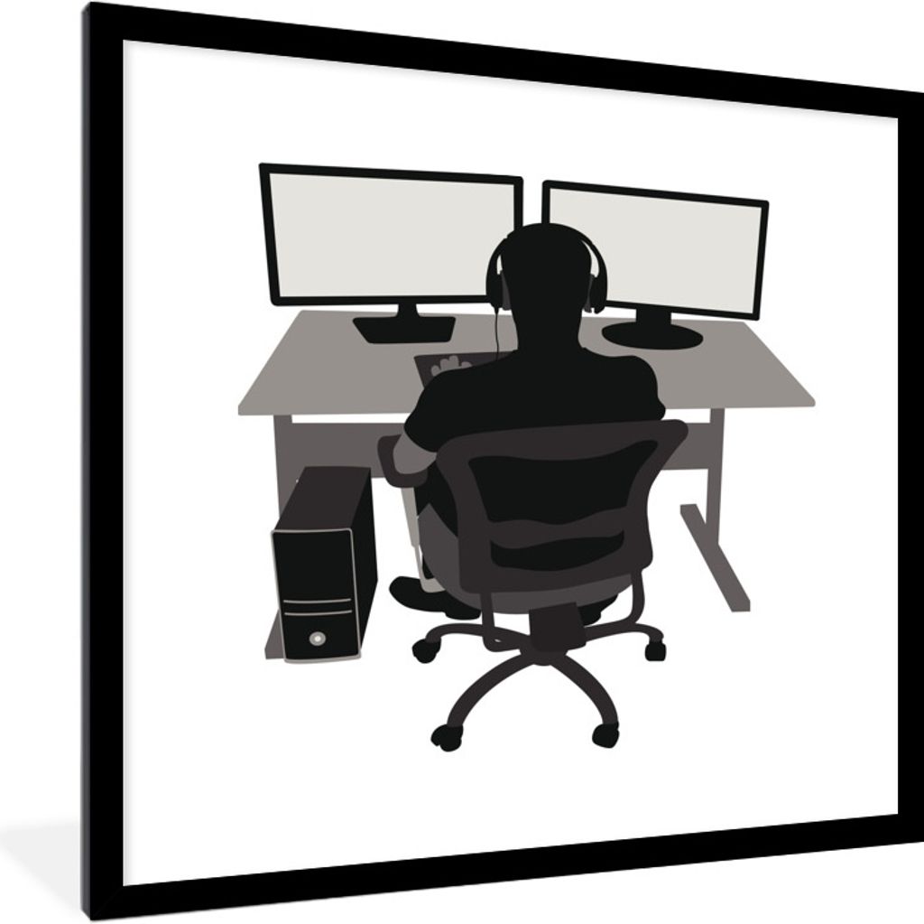 MuchoWow Gerahmtes Poster Gamer - Computer - Büro - Illustration 40x40 cm - Poster mit Schwarzem Bilderrahmen Wandposter Rahmen Foto Bilder - Po...