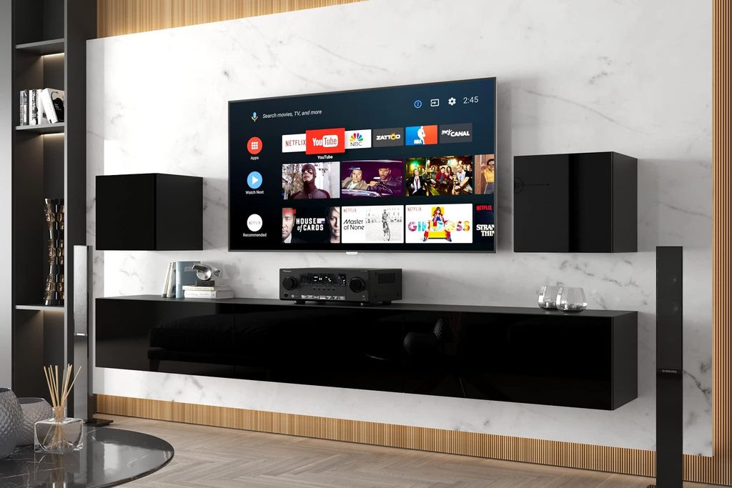 Furnitech Wohnwand Wohnzimmer - Wohnzimmer Möbel mit LED RGB - 16 Farben - Hängend Wohnwand Modern - Regale und TV Schrank (Lace AN22-18B-HG1 1B)