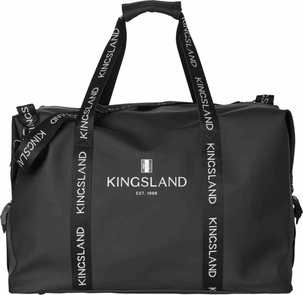 A black duffel bag with white branding.