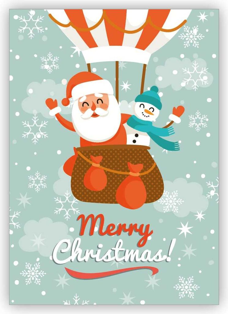4x Fröhliche Winter Weihnachtskarte mit Santa im Heißluftballon: Merry Christmas