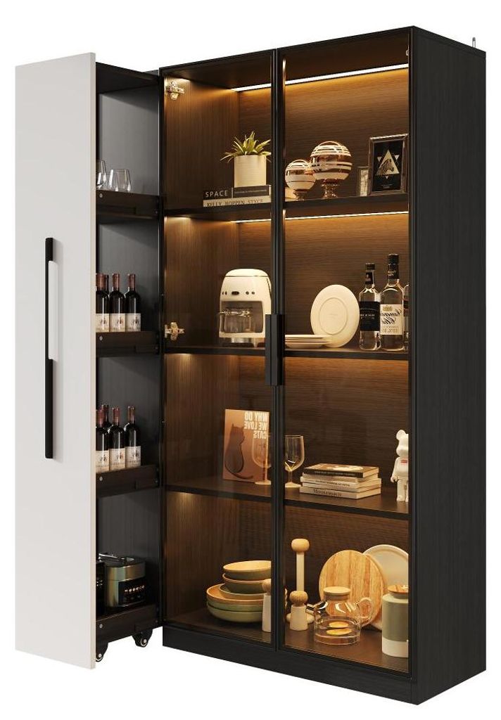 AIORBER Vitrine mit Glastür und LED Beleuchtung Highboard mit Seitenauszug Multifunktionsschrank Glasschrank für Wohnzimmer Esszimmer MDF 110,5x3...
