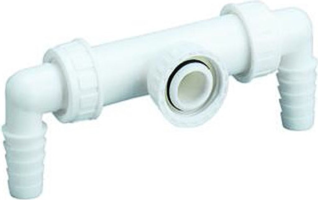 A white plastic plumbing component with angled hose barb fittings and a central threaded connection.