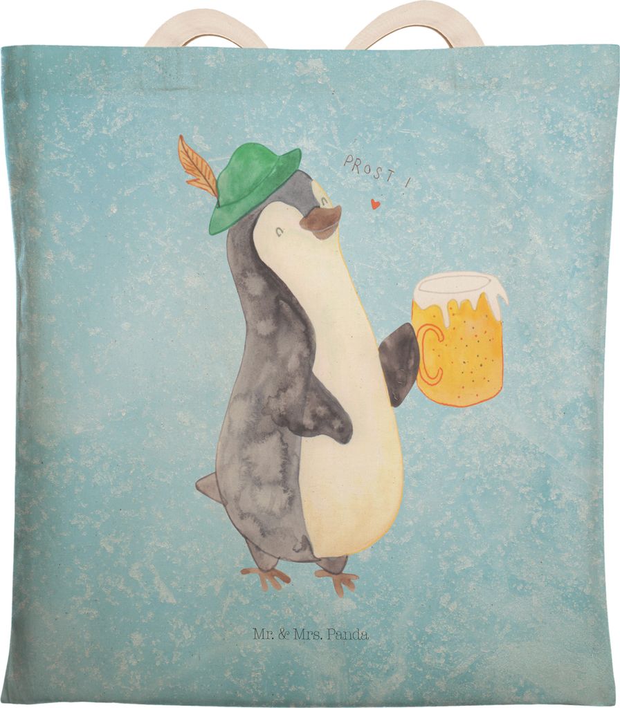 Mr. & Mrs. Panda Beutel Pinguin Bier - Eisblau - Geschenk, Pinguine, Tragetasche, Beschwippst, , Stoffbeutel, Stofftragetasche, Tasche, Tote Bag