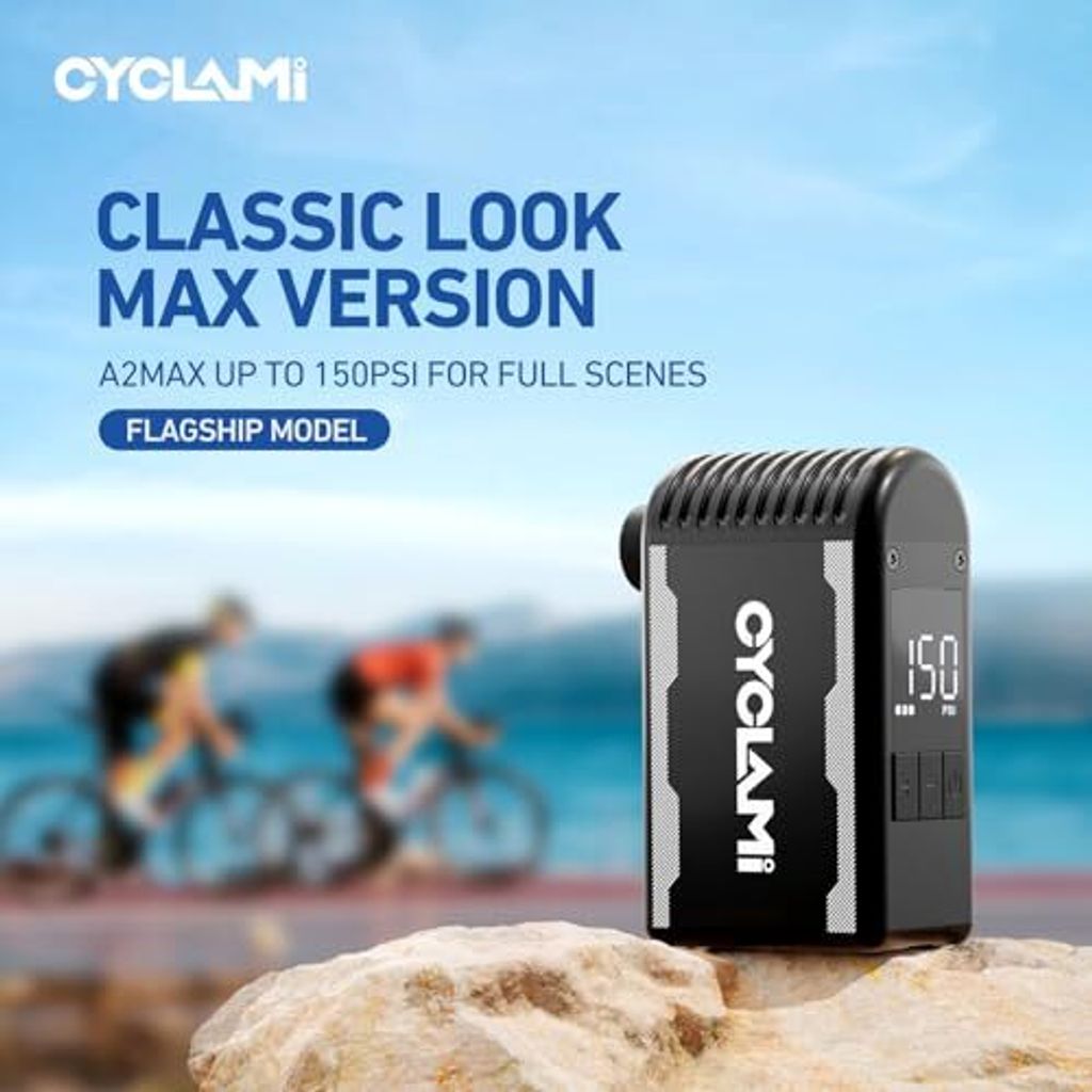 Cyclami A2max Mini Elektrofahrradpumpe Automatische Druckmessung auf 150 psi, USB-C-Batterie, Presta & Schrader