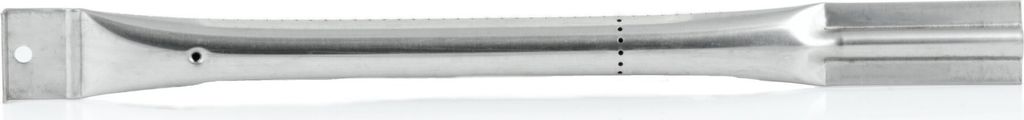 A silver metal gas grill burner on a white background.