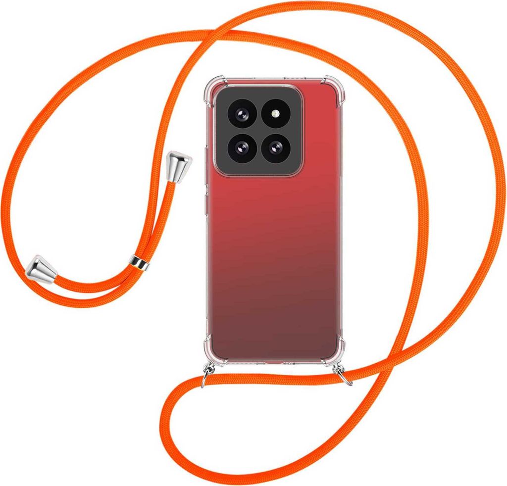Handykette Backcover-Schutzhülle mit Band (Metall silberfarben) für Xiaomi 14 Pro (23116PN5BC) - neonorange