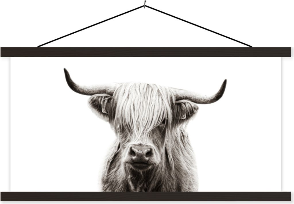 MuchoWow Textilposter Scottish Hochlandrind - Schwarz - Weiß 90x45 cm mit schwarzem Rahmen - Klemmleisten