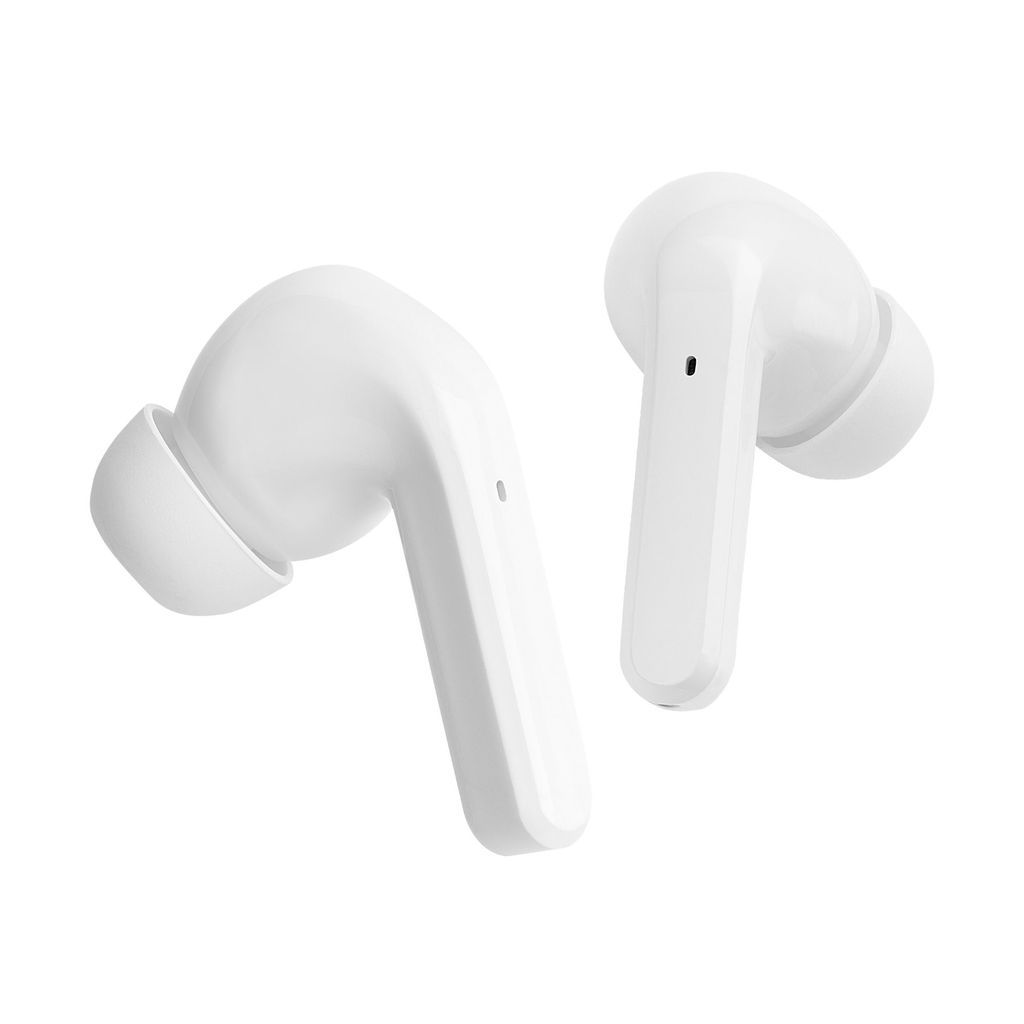 Two white wireless earbuds are shown against a white background.