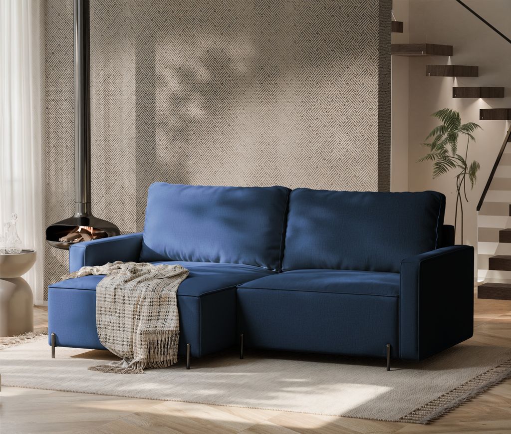 IDOHOME-Polsterecksofa LEO mit Schlaffunktion und Bettkasten 229 cm Navy Linksseitige Polsterecke Wohnlandschaft Sofa 135x204 cm Monolith 77
