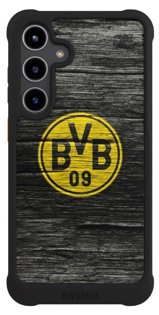 NIVOCASE Hülle für Samsung Galaxy S24+ Stoßfeste Handyhülle NIVOmax Case Schwarz BVB Borussia Dortmund Holzoptik