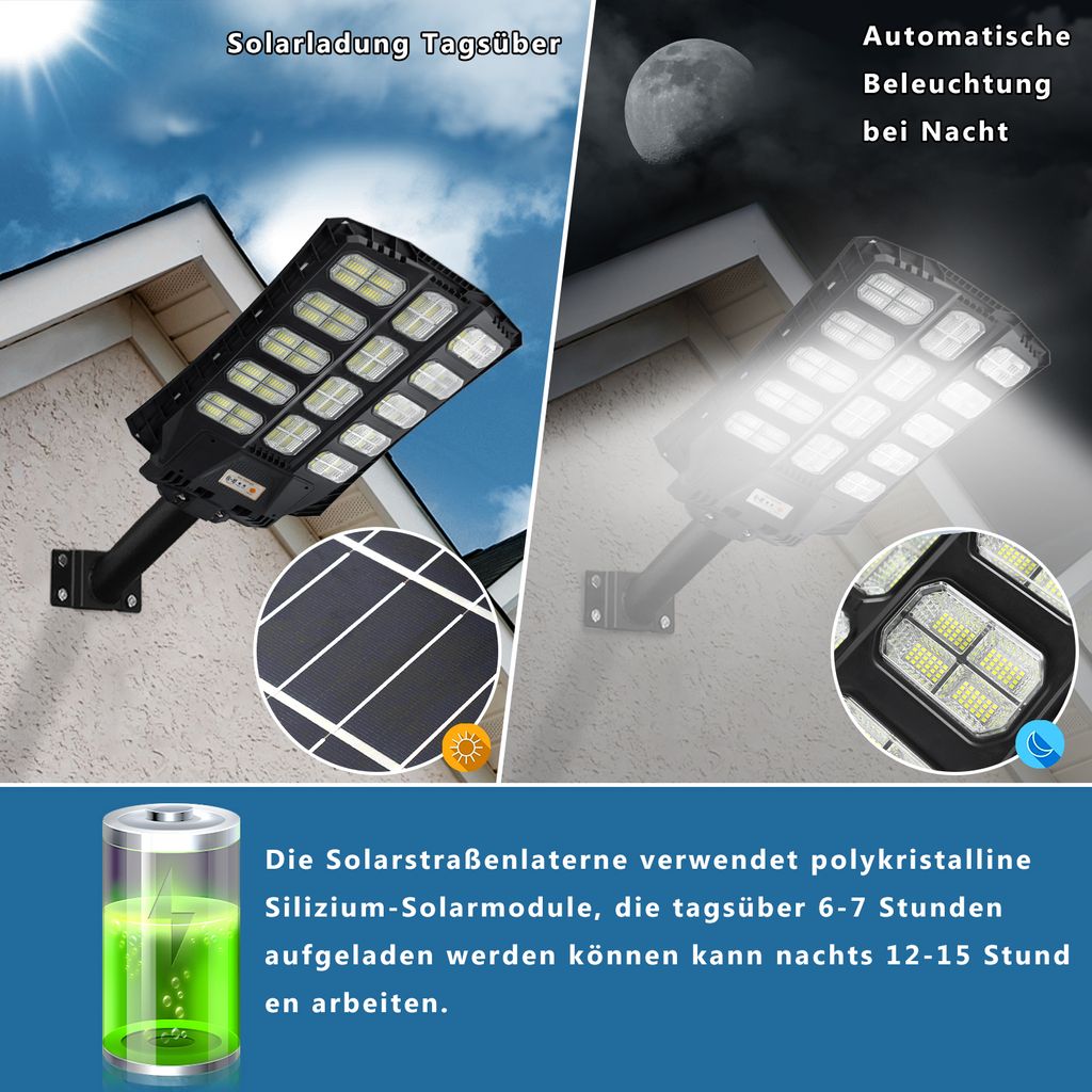 Solarlampe Mit Bewegungsmelder 500W – 1344 LEDs, IP65 Wasserdicht – Für Garten, Hof & Wege Mit Fernbedienung