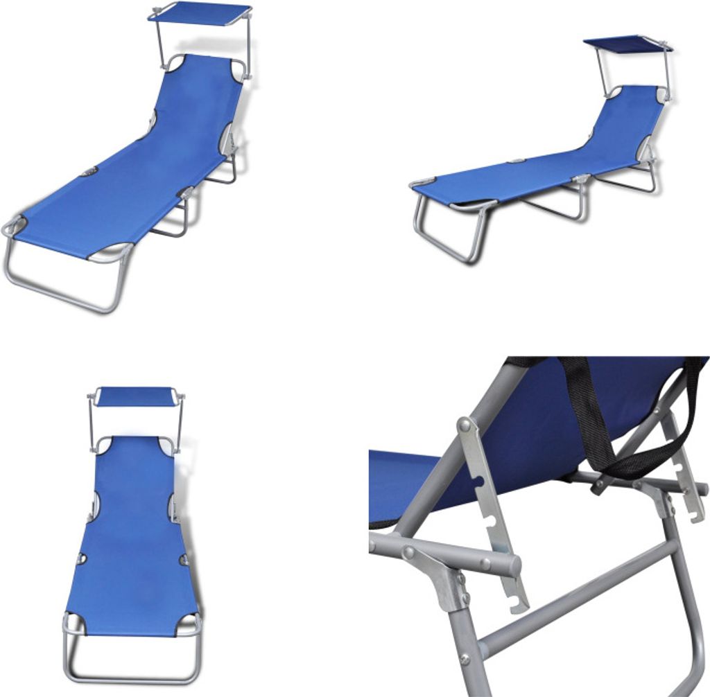 vidaXL Klappliege mit Sonnendach Stahl und Stoff Blau - Sonnenliege - Sonnenliegen - Sonnenbett - Sonnenbetten