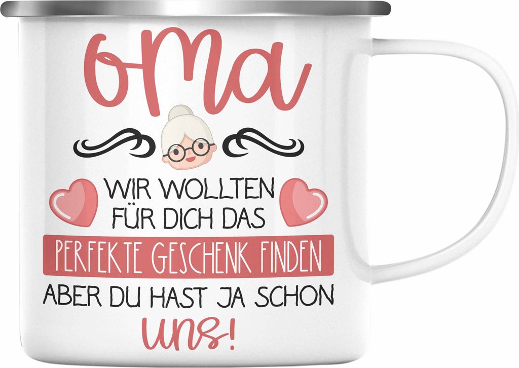 Trendation - Beste Oma Geschenk Emaille Tasse Geburtstagsgeschenk Enkel Geschenkideen Lustig Geburtstag (Silber)