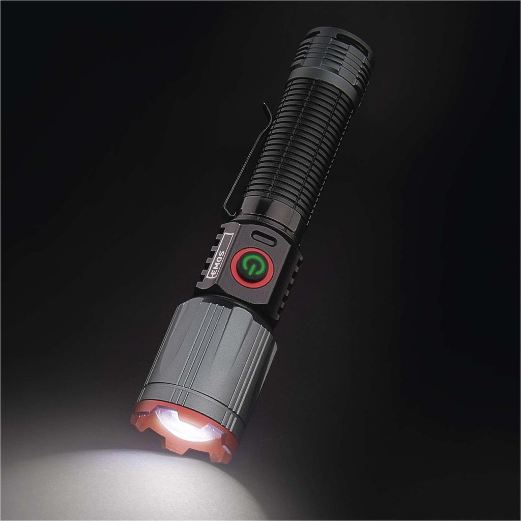 EMOS LED-Metall-Taschenlampe mit Akku, Boost, Powerbank und Zoom, aufladbar, stoß- und wasserfest, 1200lm/200m, Clip+Magnet, für Innen/Außen, P3121