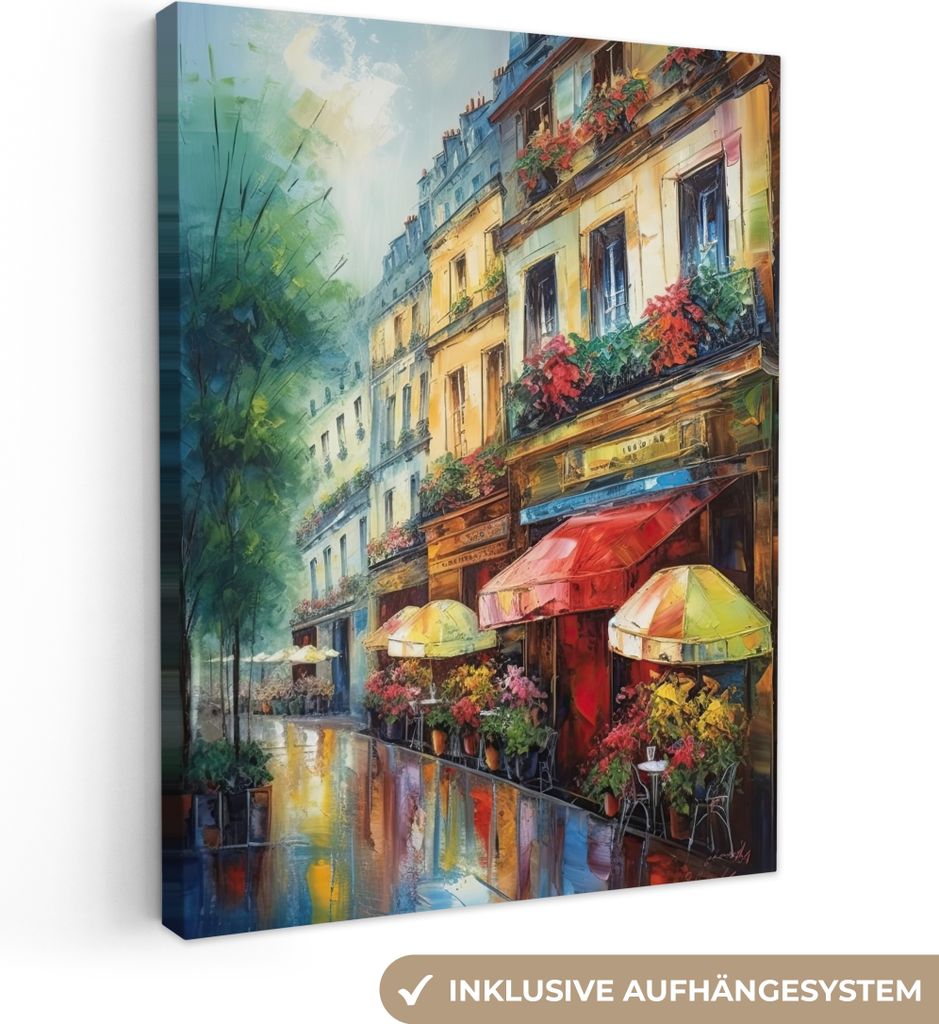 MuchoWow - Leinwandbilder - Straße - Ölgemälde - Farbenfroh - Stadt, Wandbild, Wanddeko Bilder Wohnzimmer, 90x120 cm