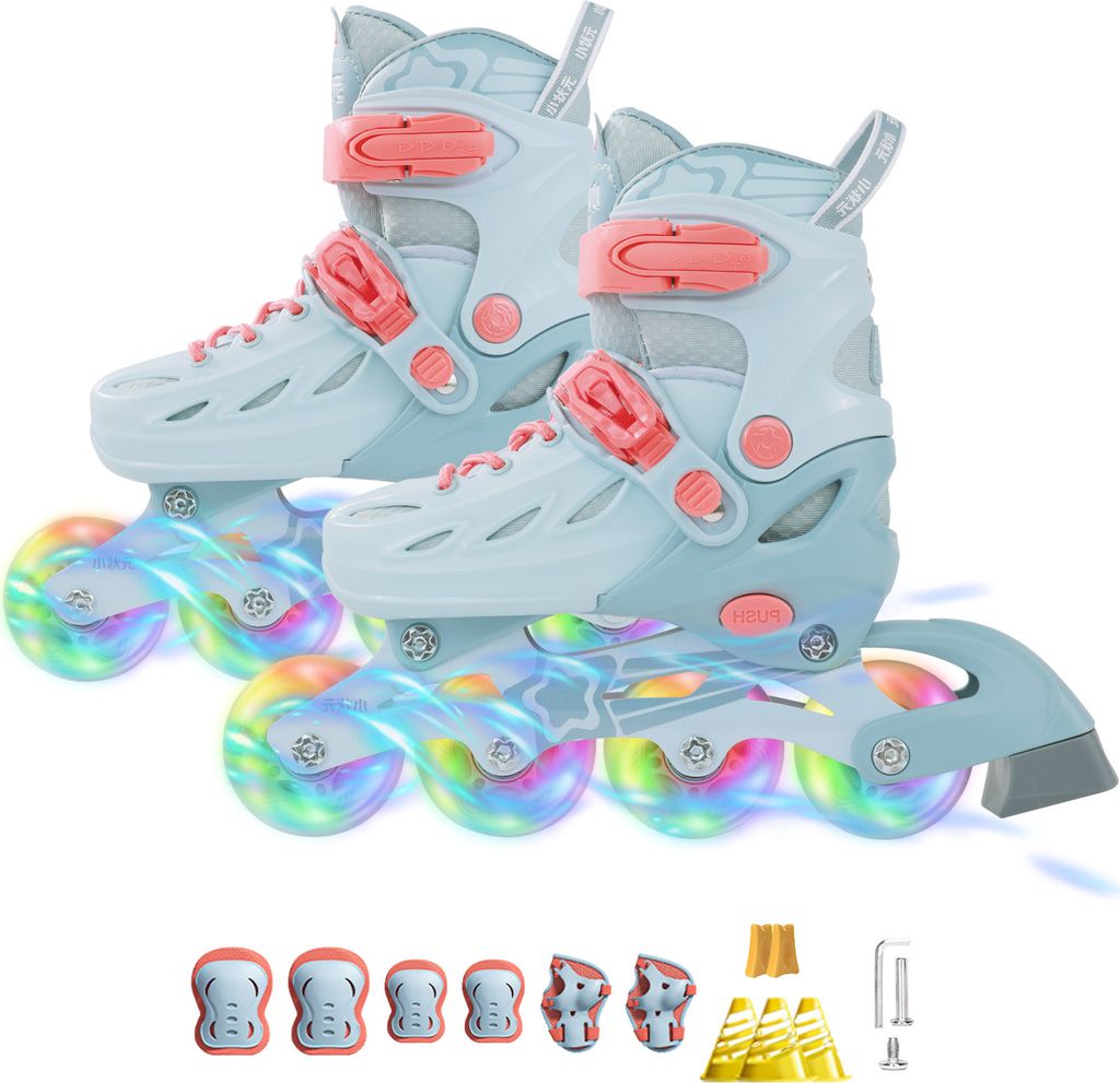 Inliner Skates für Kinder, Verstellbare 5 Größen Inline Rollschuhe Quad mit Leuchtenden Rädern für Mädchen Jungen,Hellblau/Orange,L:37-41 EU