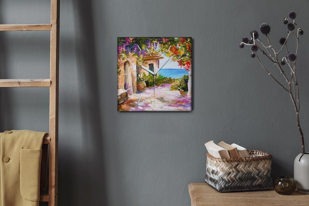 Coloray Hodiny Unikátní 30x30 cm Tiché hodiny Pro obývací pokoj a kuchyň Nástěnné hodiny Plátno Bílé ručičky hodin - Květiny mořsk...