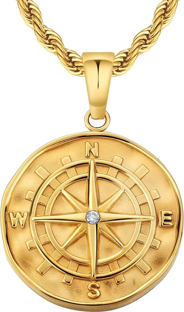Pendentif boussole homme pièce de monnaie or 18K acier inox cordon 56cm