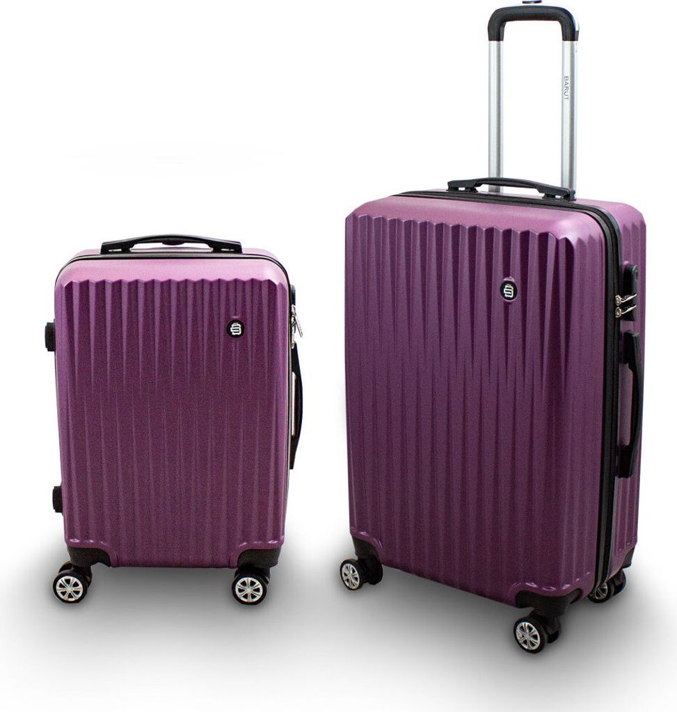 Two purple suitcases of different sizes are displayed against a white background.
