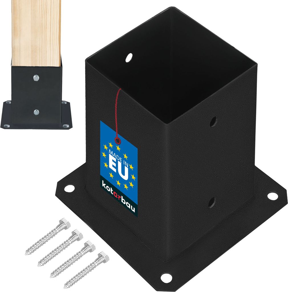 A black metal post anchor with a wooden post inserted, along with screws, on a white background.