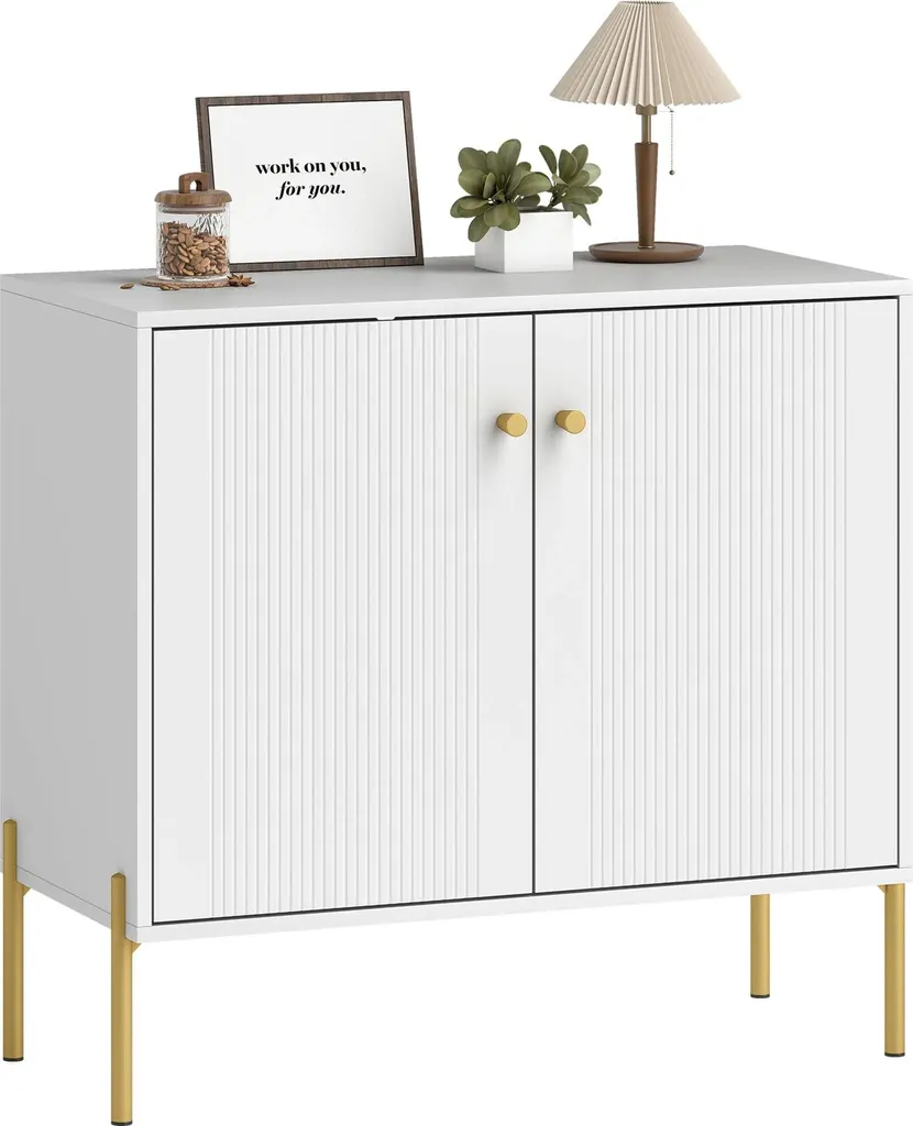 Buffet Design 80cm Plateau Marbre et Tablettes Réglables - Blanc Chic