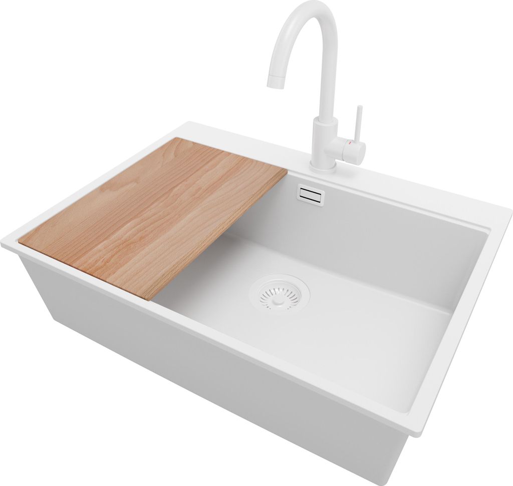 PRIMAGRAN Granitspüle Alles Weiß 68x50cm, Spülbecken 1 Becken + Küchenarmatur 32x20cm + Ablauf-Set + Schneidebrett, Küchenspüle ab 70er Unter...