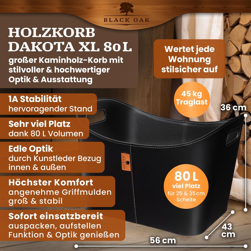 Panier à Bûches BLACK OAK Dakota XL 80L - Cuir Synthétique Noir, Charge 45kg, Rangement Cheminée