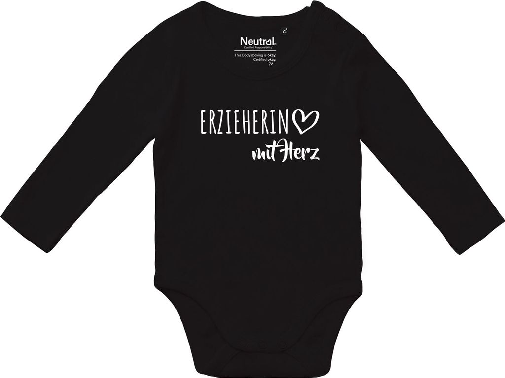 Huuraa Baby Body Erzieherin mit Herz 62 Black Baumwolle Fairtrade Langarmbody Geschenkidee