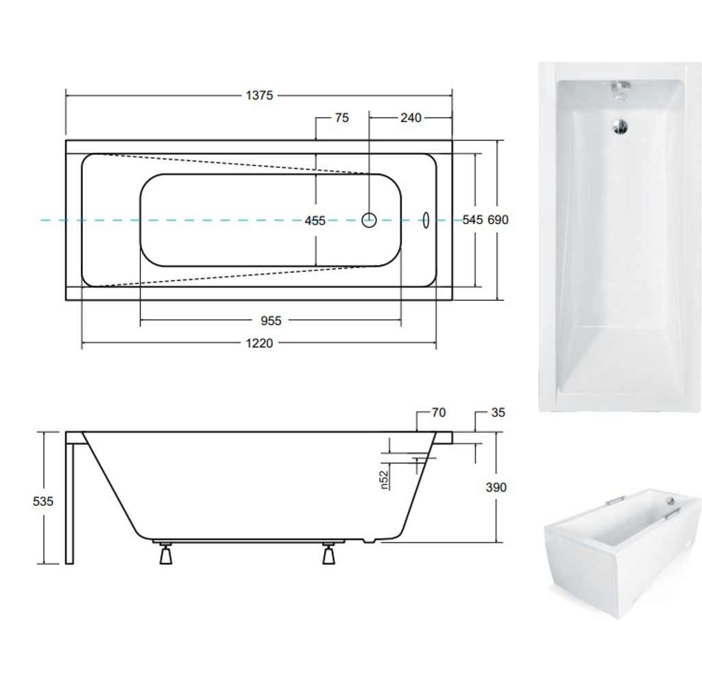 Technical drawings and a photograph of a bathtub.