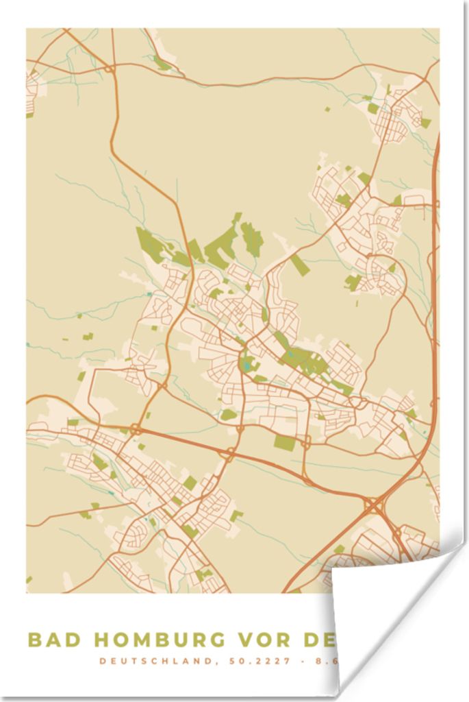 MuchoWow Poster Karte - Stadtplan - Bad Homburg vor der Höhe - Karte - Vintage 80x120 cm - Papierdruck