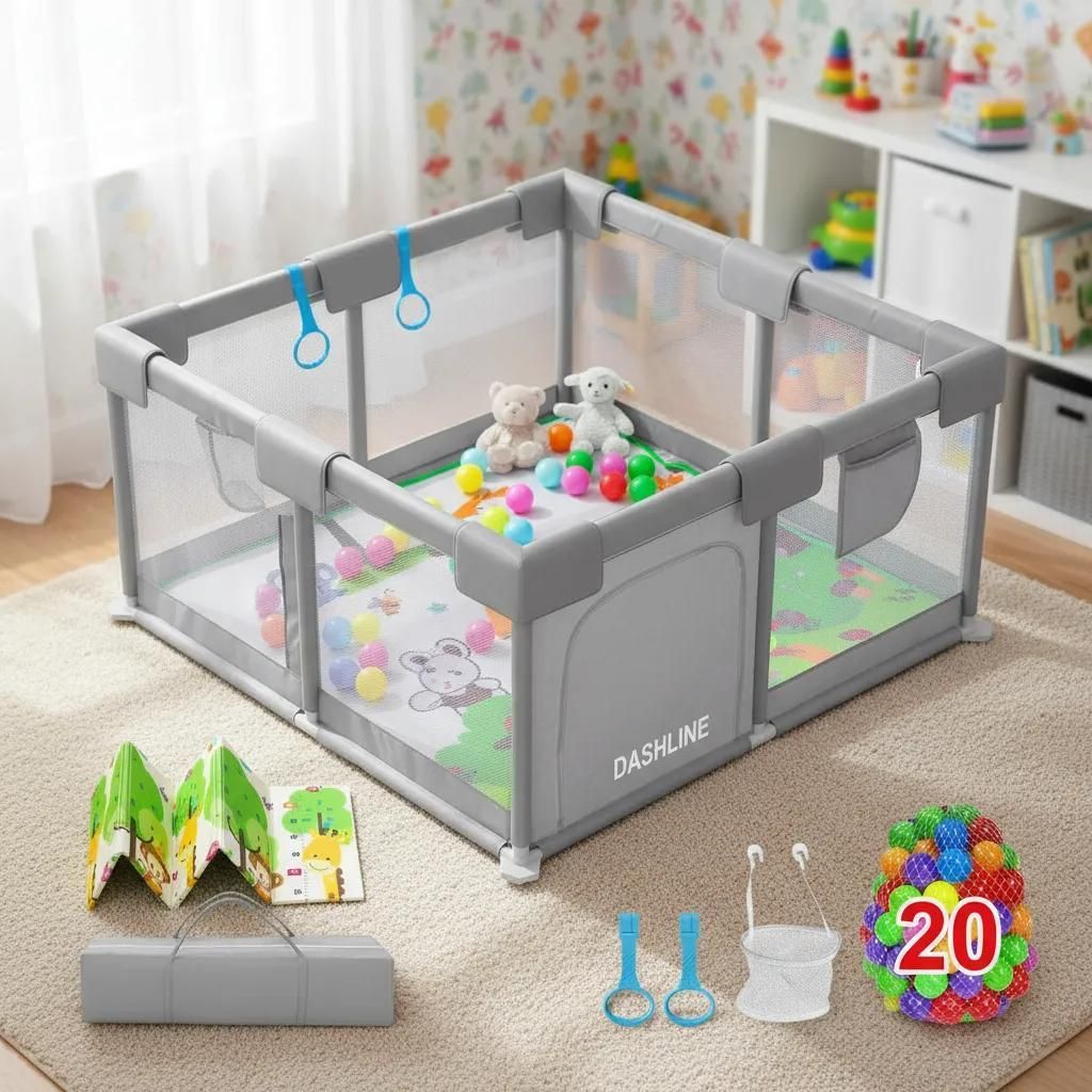 LZQ Laufstall für Baby Laufgitter Kinder 120x20x65cm Sicherheitsspielplatz Schutzgitter mit Weichem Netz, Bällen, Mini-Körbchen und Zugringen (G...
