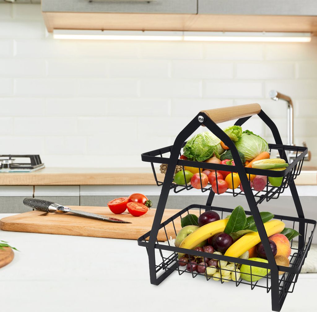 YAKLEE 2-stöckige Obst Etagere, Weiß, Metall, Obstkorb, Brotkorb, Gemüse Schüssel, Obsthalter, Regal Für Obst, Gemüse, Brot, Snacks, Küche, Lager