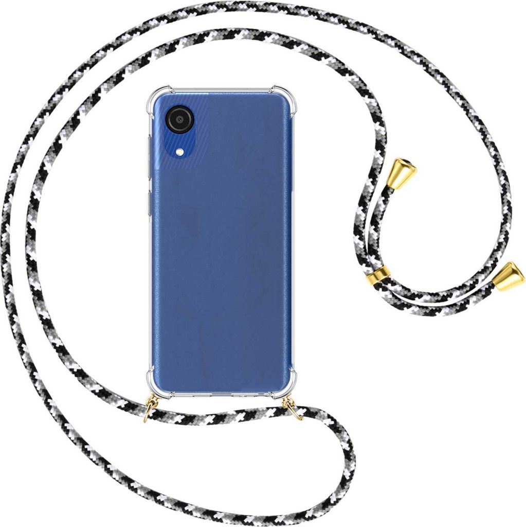 Handykette Backcover-Schutzhülle mit Band (Metall goldfarben) für Samsung Galaxy A03 Core (SM-A032 6.5'') - schwarz/grau/weiß