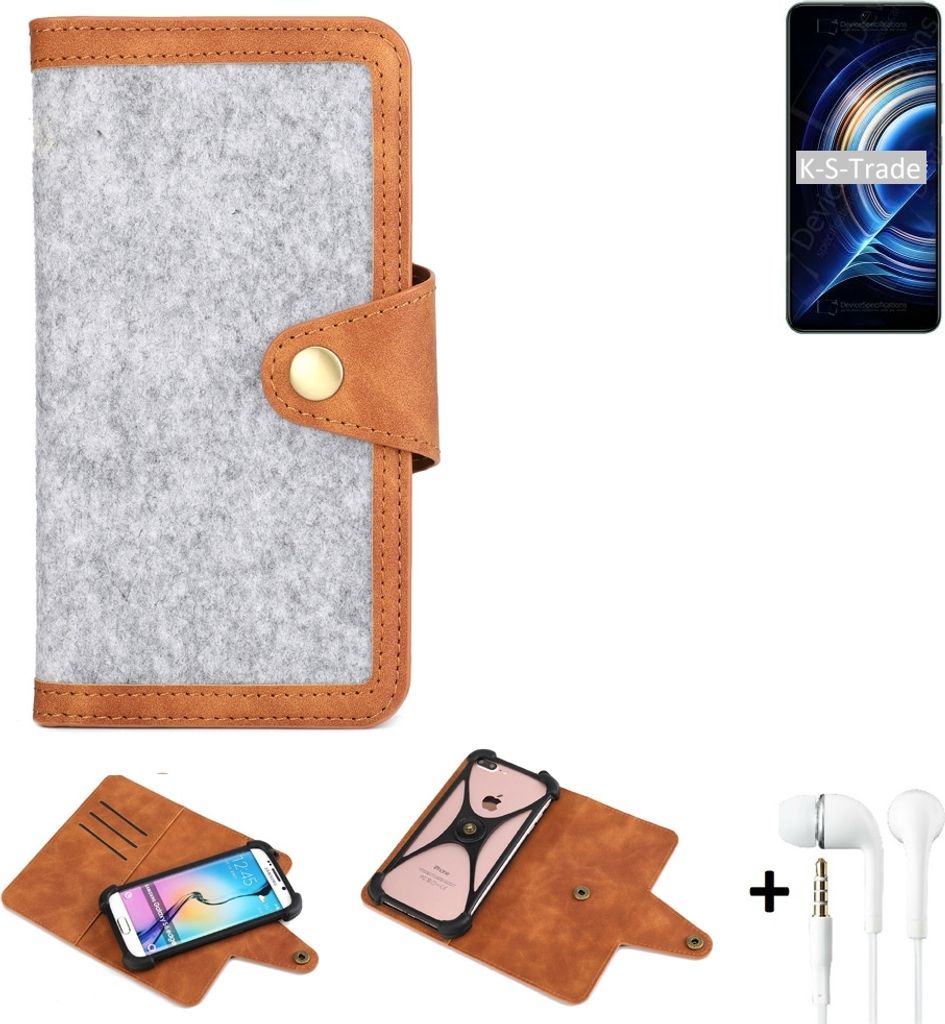 K-S-Trade Handyhülle + Kopfhörer kompatibel mit Xiaomi Redmi K50 Pro Schutzhülle Filz Hülle Kunstleder hellgrau braun (1x)