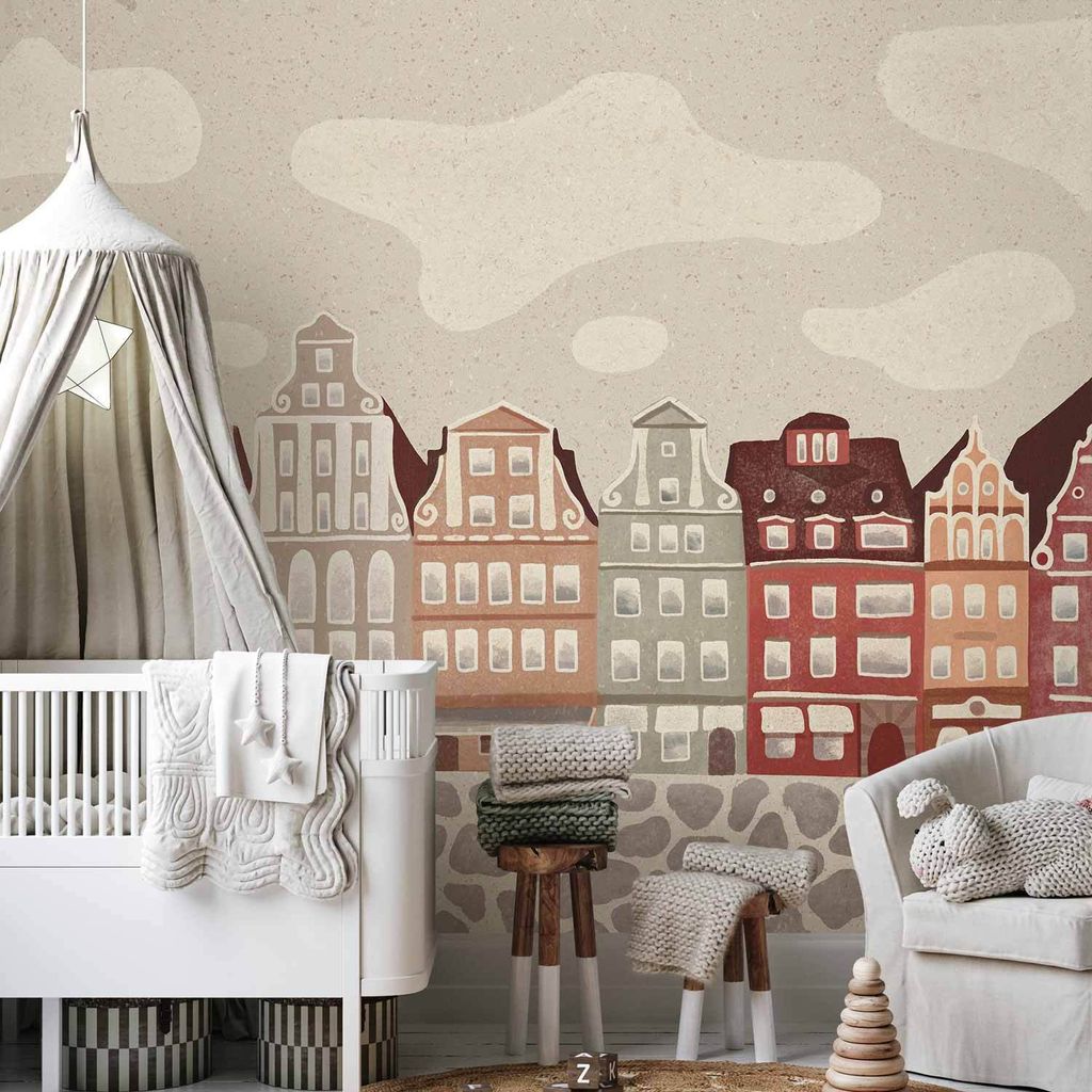 Vlies Fototapete - Salt Square - Colorful Illustrated Townhouses Against a Cloudy Sky Background 350x256 cm Für Kinder d-A-10016-a-a