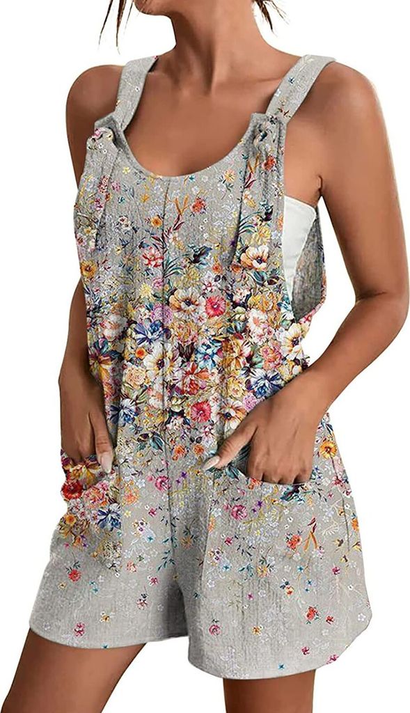 ASKSA Damen Sommer Jumpsuit Elegant Ärmellos Overall Kurze Hose Einteilige Rückenfreie Latzhose Shorts, Hellgrau, L