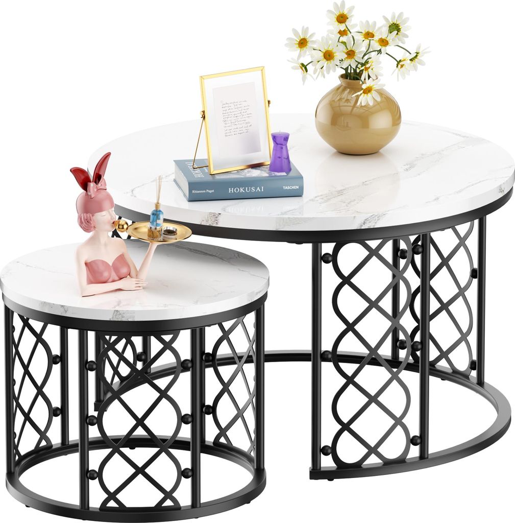 MODFU Couchtisch rund schwarz,2er set Sofatisch mit weiße Produktbild 