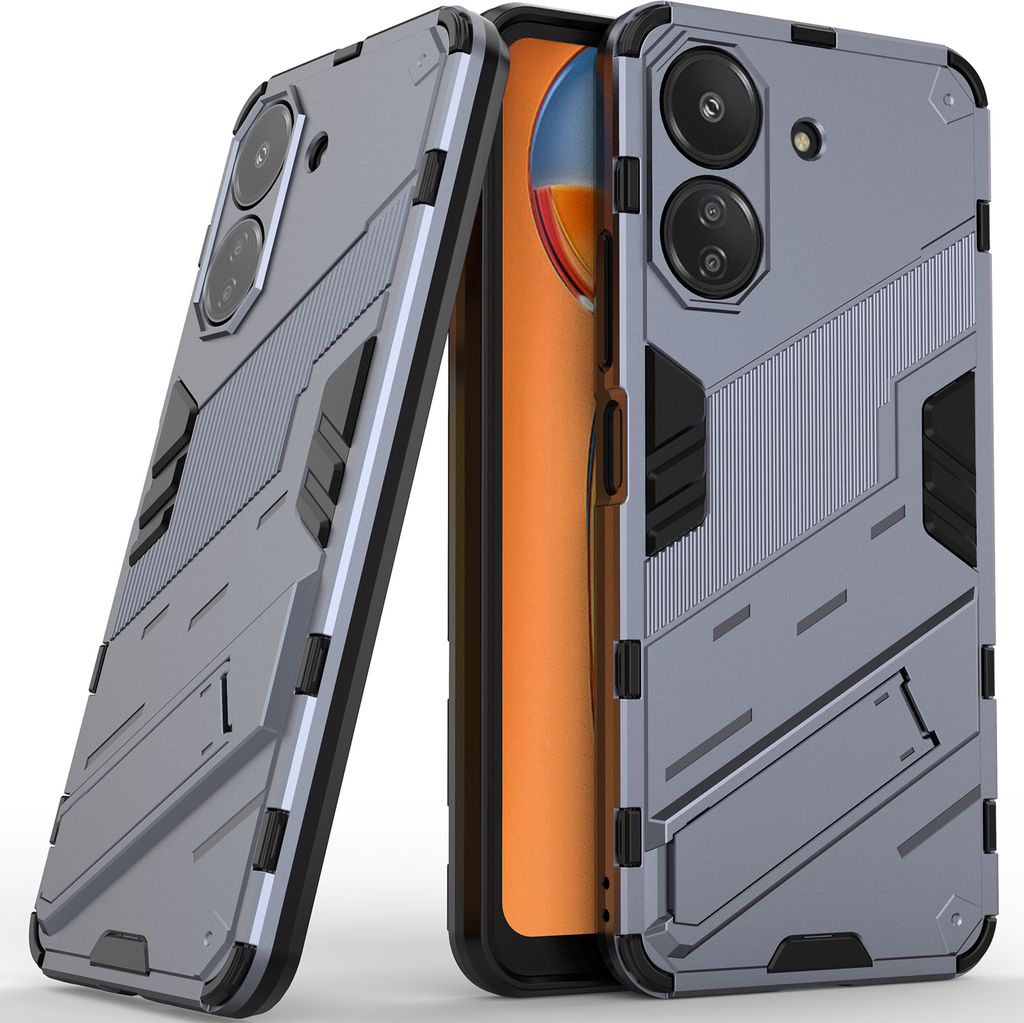 Armor Hülle für Xiaomi Redmi 13C /Poco C65, Hybrid PC TPU Bumper Stoßfestes Schutzhülle mit Standfunktion Grau