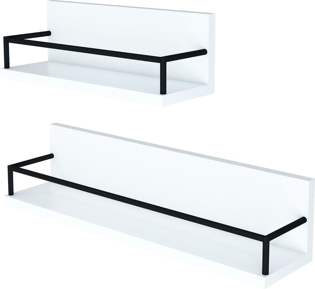 Two white wall shelves with black metal supports are shown against a white background.